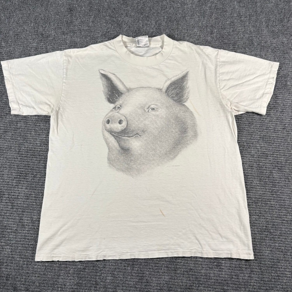 Vtg Oneita Pig Graphic T-Shirt Mens L White Fair 1991 Studio Q USA Made